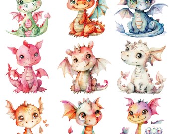 Watercolor Valentine Dragon Cliparts: 27 PNG Images (300 DPI)