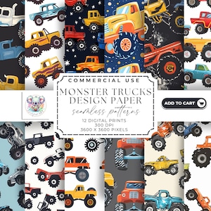 Monstertrucks Seamless Digital Paper - 12 Bold Prints Pack High-Resolution 300 DPI für Scrapbooking DIY-Projekte