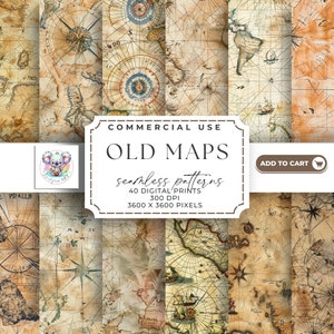 Vintage Voyages - Conjunto de papel digital com padrão uniforme de mapas antigos e antigos, 40 impressões JPEGs de alta resolução e 300 DPI