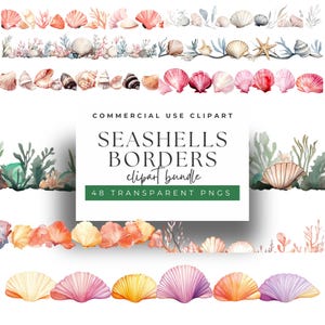 Könnte beinhalten: Ein Set mit 48 Aquarell-Muschel-Bordüren, perfekt, um Ihren Designs einen Hauch von Küstencharme zu verleihen. Die Bordüren zeigen eine Vielzahl von Muscheln, Seesternen und Algen in den Farben Rosa, Orange, Gelb, Lila und Grün.