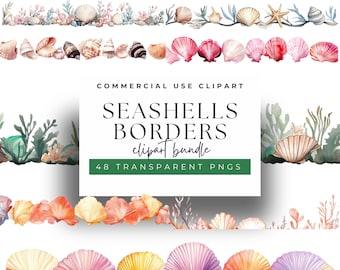 Watercolor Seashell Border Clipart PNG, Transparent Beach Borders, Ocean Shell Frames for Wedding, Invitations, Scrapbook & Decor