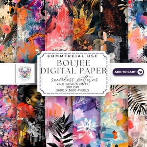May include: A set of 24 digital papers featuring abstract, floral, and tropical patterns in vibrant colors. The papers are 3600 x 3600 pixels and 300 DPI.  Commercial use is allowed.