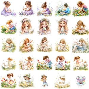 以下が含まれることがあります： ウサギとイースターエッグを持ったかわいい女の子を描いたデジタルイラスト25点のセット。女の子たちはパステルカラーのさまざまな服を着ており、花と緑に囲まれています。