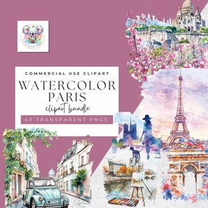 Franse charme: 40 clipartafbeeldingen aquarel Parijs png | Hoge resolutie 300 dpi | Voor commercieel gebruik