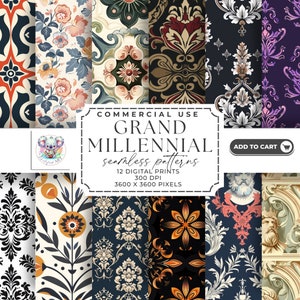 Grand Millennial Digital Paper: 12 Vintage Seamless Patterns (300 DPI)