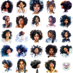 Watercolor Black Girl Clipart: Natural Hair Portraits, African American Art (PNG Digital Download)