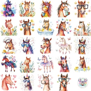 48 divertenti clipart di acquerelli di cavalli / cavalli e unicorni dei cartoni animati eccentrici PNG / arte digitale ad alta risoluzione per progetti artigianali e fai da te