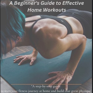 Może przedstawiać: Kobieta w czarnym sportowym biustonoszu wykonuje pompki na niebieskiej macie do jogi. Tekst "Bodyweight Basics: A Beginner's Guide to Effective Home Workouts" znajduje się w górnej części obrazu. Tekst "A step-by-step guide to start your fitness journey at home and build that great physique you always wanted." znajduje się w dolnej części obrazu.