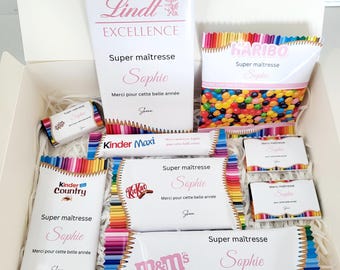 Box gourmande maitresse personnalisée, coffret cadeau personnalisé fin d'année scolaire, box cadeau maitresse, cadeau maitre, cadeau atsem