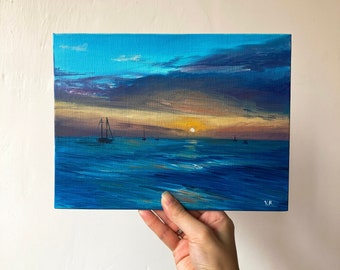 Sunset over the sea, Original seascape in oils, Original Seascape, Sailboat, Gift idea, Evening sea, Wall art