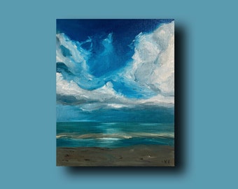 White clouds in the blue sky, Clouds over the sea, Sky in the clouds, Original painting of white clouds over the sea, Origina art, Wall art