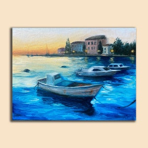Evening by the Sea – Fishing Boats Oil Painting, Nautical Home Decor