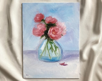 Peinture originale de fleur dans un vase, peinture de pivoines roses, peinture miniature de pivoines, fleurs de peinture d'intérieur, peinture à l'huile de pivoines