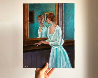 Original oil painting of a girl looking in the mirror, Portrait of a woman in oil, Woman at the mirror painting, Vintage Portrait of a Woman