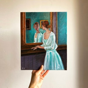 Original oil painting of a girl looking in the mirror, Portrait of a woman in oil, Woman at the mirror painting, Vintage Portrait of a Woman image 1