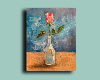 Original oil painting depicting a rose in a vase , Floral Still Life, Bright floral still life, Abstract painting with a rose