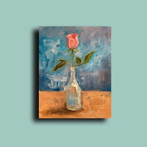 Original oil painting depicting a rose in a vase , Floral Still Life, Bright floral still life, Abstract painting with a rose