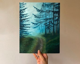 Forest landscape, Oil painting, Original painting depicting a foggy forest,  Path in the forest, Forest trees, Original art, Wall art
