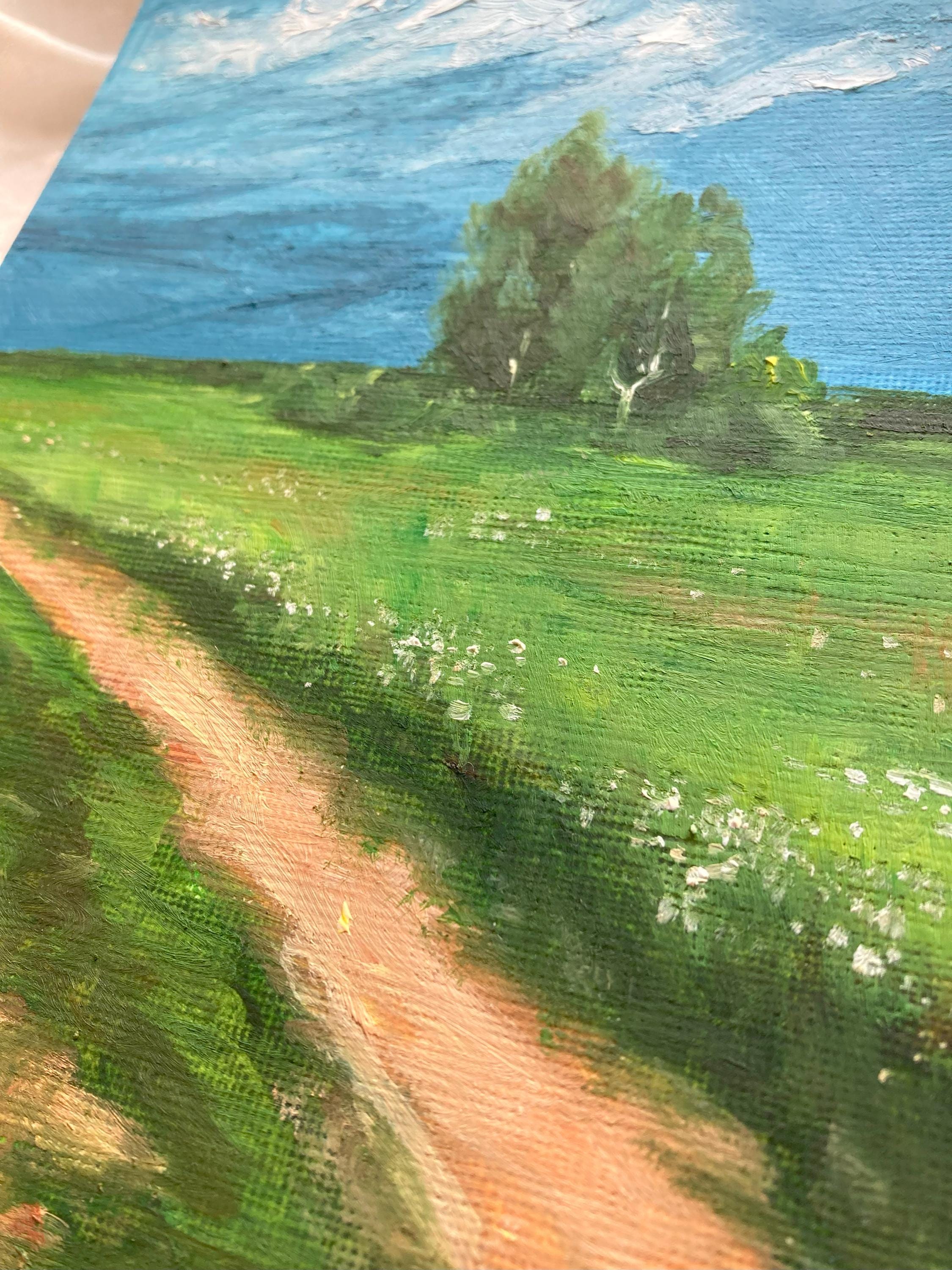 静かな田舎道 – オリジナルミニ油絵風景画、5x7インチ紙に描かれた自然 