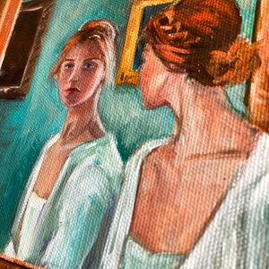 Original oil painting of a girl looking in the mirror, Portrait of a woman in oil, Woman at the mirror painting, Vintage Portrait of a Woman image 10