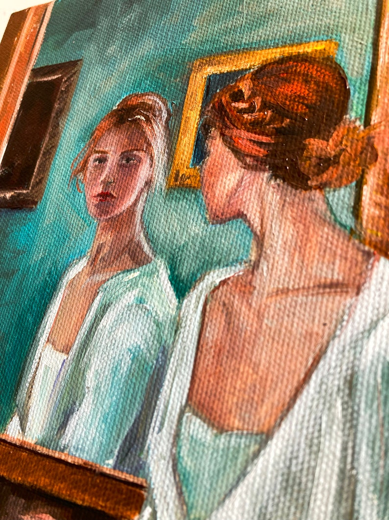 Original oil painting of a girl looking in the mirror, Portrait of a woman in oil, Woman at the mirror painting, Vintage Portrait of a Woman image 10