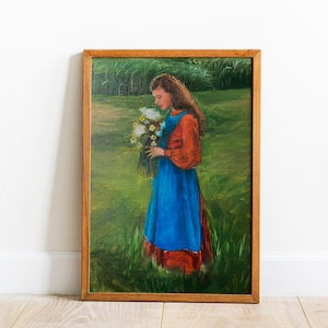 Girl in a field with flowers oil painting, Girl holding flowers, Country girl, Girl in a long dress, Lady in garden