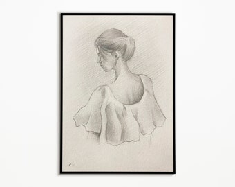 Original Vintage Woman Portrait, Vintage Portrait Art, Small Woman Pencil Portrait, Wall Art, Woman Pencil Portrait, Collectible Art