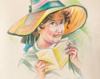 Original Vintage Pencil Portrait of a Lady, Original Portrait Art, Lady in a Hat, Vintage Portrait of a Lady