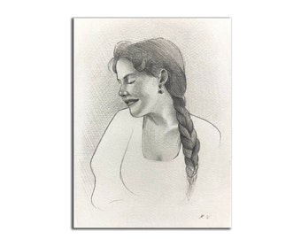 Small Original Portrait of a Lady, Original Pencil Painting, Portrait Of a Smiling Girl, Small pencil drawing