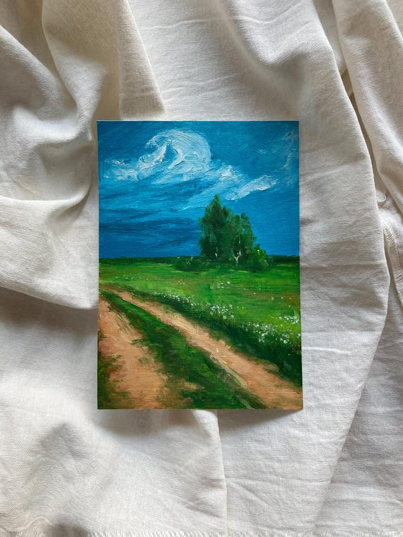 静かな田舎道 – オリジナルミニ油絵風景画、5x7インチ紙に描かれた自然 