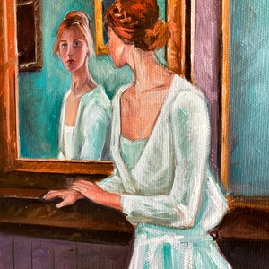 Original oil painting of a girl looking in the mirror, Portrait of a woman in oil, Woman at the mirror painting, Vintage Portrait of a Woman image 3