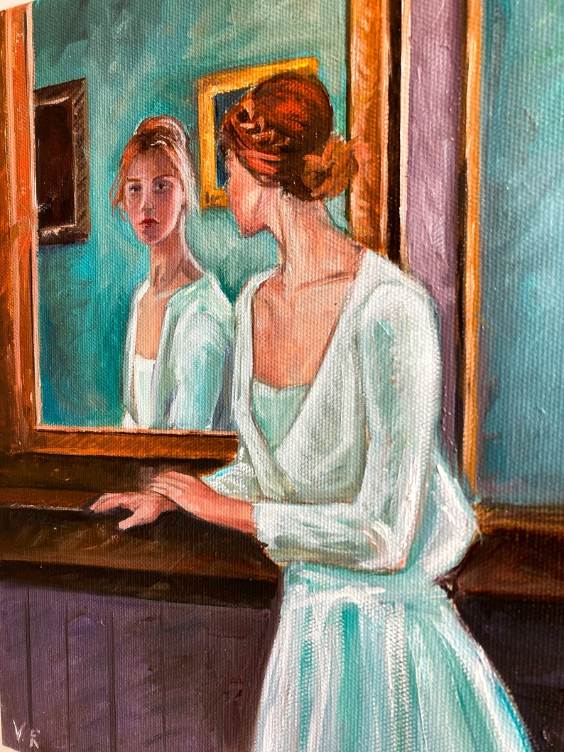 Original oil painting of a girl looking in the mirror, Portrait of a woman in oil, Woman at the mirror painting, Vintage Portrait of a Woman image 3