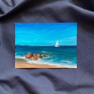 Pintura a óleo de paisagem marinha original, Paisagem marinha minimalista, Arte com veleiro, Mini pintura de paisagem marinha, Decoração de parede costeira