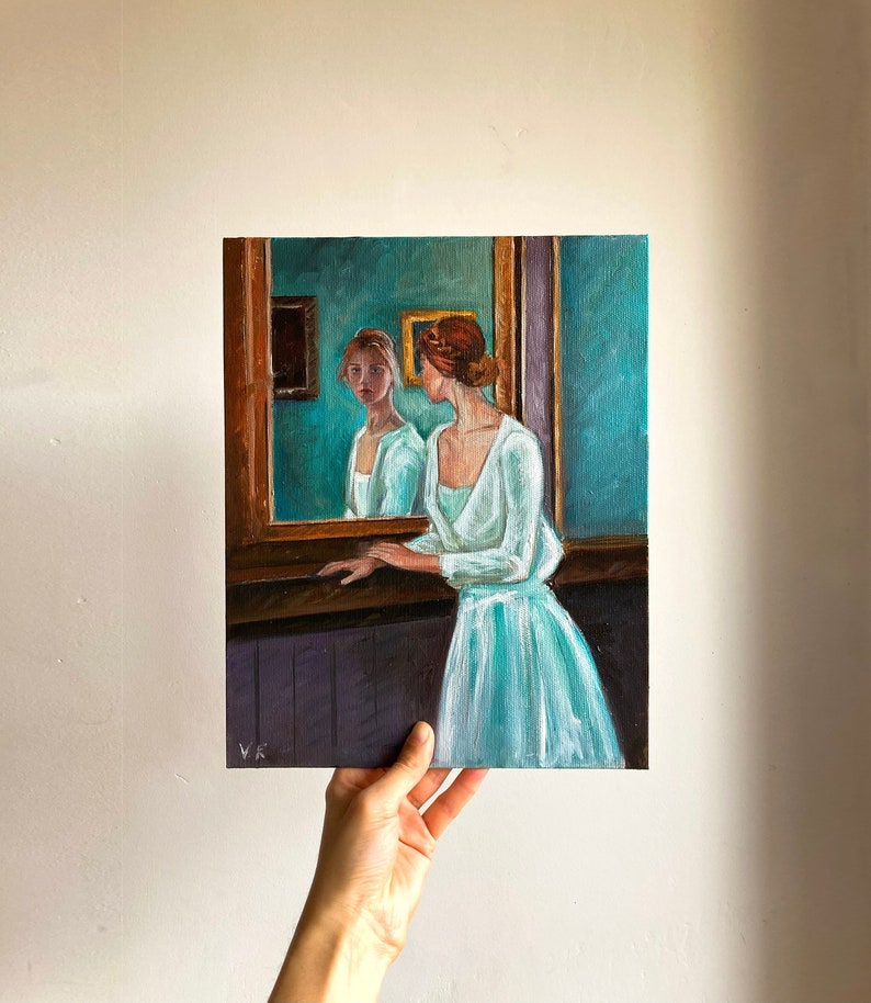 Original oil painting of a girl looking in the mirror, Portrait of a woman in oil, Woman at the mirror painting, Vintage Portrait of a Woman image 1