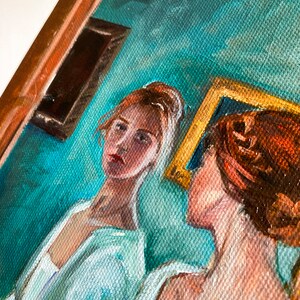 Original oil painting of a girl looking in the mirror, Portrait of a woman in oil, Woman at the mirror painting, Vintage Portrait of a Woman image 4