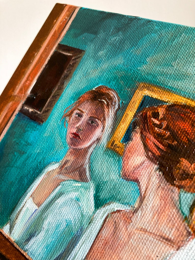 Original oil painting of a girl looking in the mirror, Portrait of a woman in oil, Woman at the mirror painting, Vintage Portrait of a Woman image 4