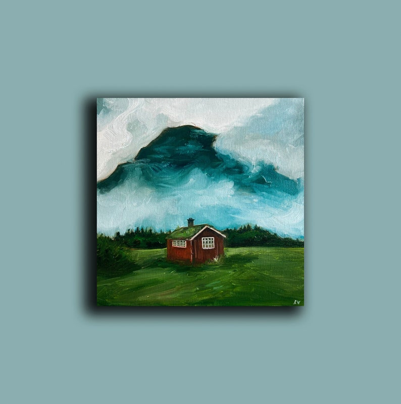 Original Oil Painting, House in the Mountains, Norwegian Mountain