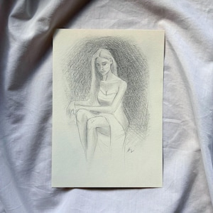 Hand-Drawn Figurative Pencil Sketch - Pencil Sketch of Sitting Girl - Black and White Female Figurative - Small Handmade Painting of Woman