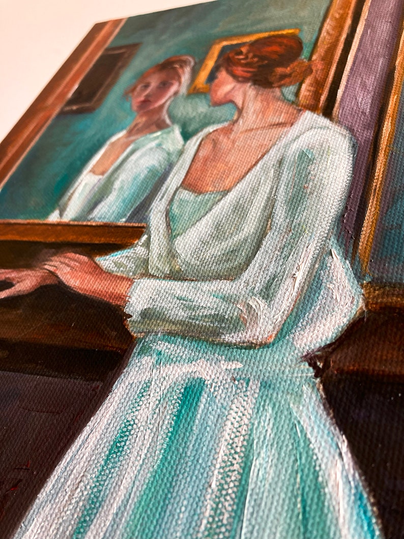 Original oil painting of a girl looking in the mirror, Portrait of a woman in oil, Woman at the mirror painting, Vintage Portrait of a Woman image 7