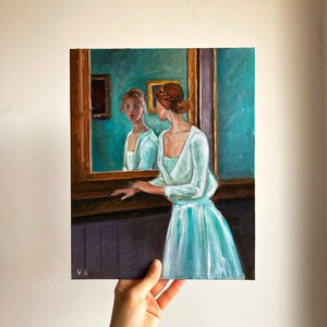 Original oil painting of a girl looking in the mirror, Portrait of a woman in oil, Woman at the mirror painting, Vintage Portrait of a Woman image 9