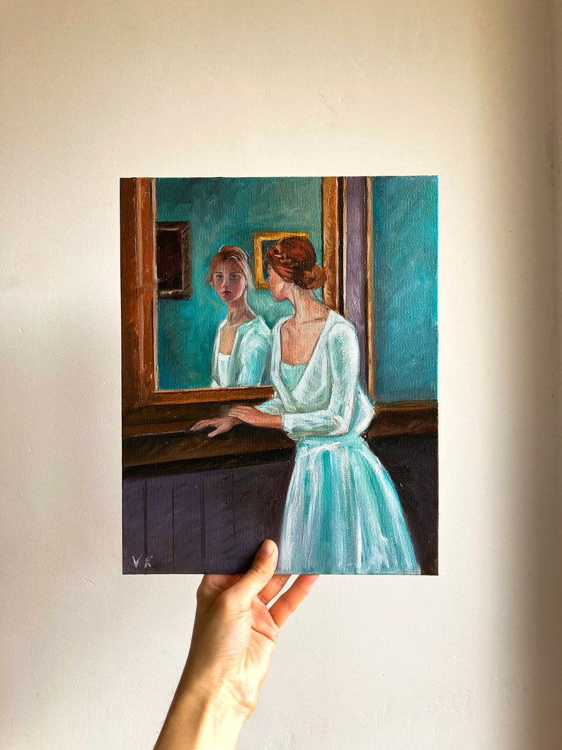 Original oil painting of a girl looking in the mirror, Portrait of a woman in oil, Woman at the mirror painting, Vintage Portrait of a Woman image 9