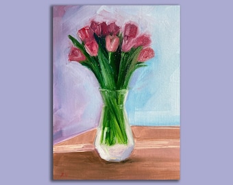 Original floral still life painting, Original oil painting floral, Pink tulips painting, Flower oil painting, Original small flower painting