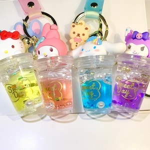 H.Kitty Inspired Characters | Boba Milk Tea Liquid Keychain | Cute Water Keychain | Shaker Pendant Bag Charm | Colorful Kawaii Gift