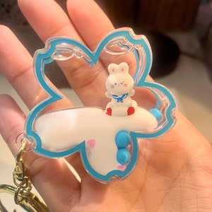 Blue Sakura Flower Liquid Keychain in Sailor Uniform, Kawaii Shaker Floating Cherry Blossom Keychain