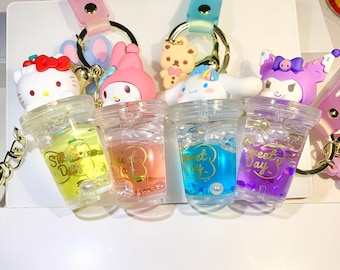 H.Kitty Inspired Characters | Boba Milk Tea Liquid Keychain | Cute Water Keychain | Shaker Pendant Bag Charm | Colorful Kawaii Gift