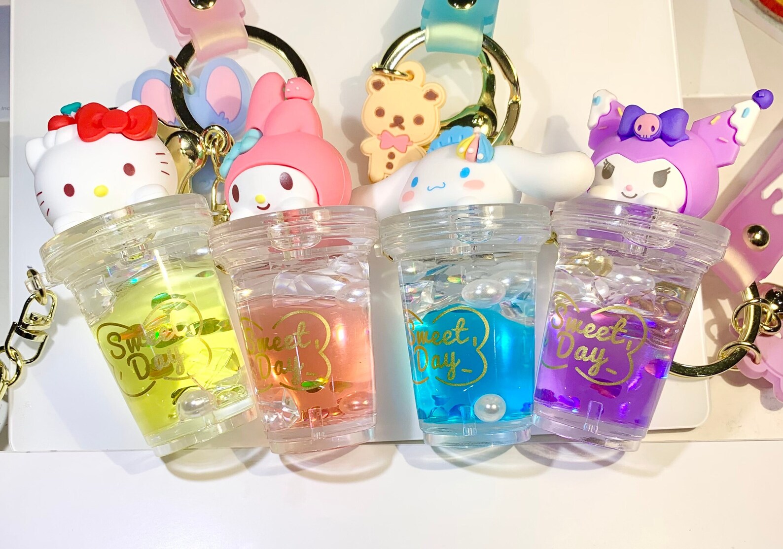 H.kitty Inspired Characters Boba Milk Tea Liquid Keychain Cute Water