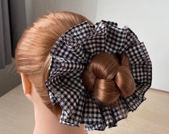 Black and white double ruffle large gingham scrunchie.