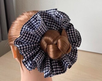 Navy and white gingham check double ruffle large scrunchie