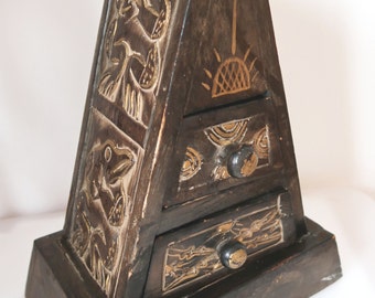 Hand Carved Frog Wooden Jewellery Box, Vintage Hand painted Boho Trinket Box