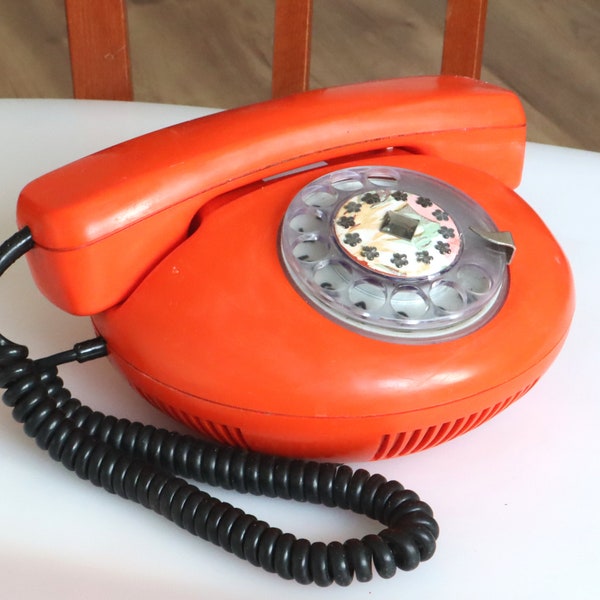 Orange Rotary Phone, Vintage Desk Telephone